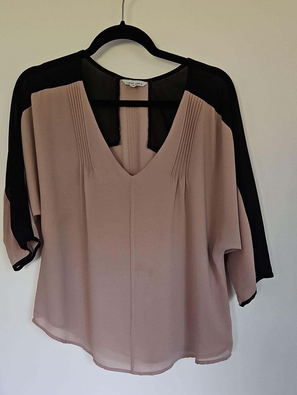 Naked Zebra Taupe and Black V-Neck Two-Tone Blouse